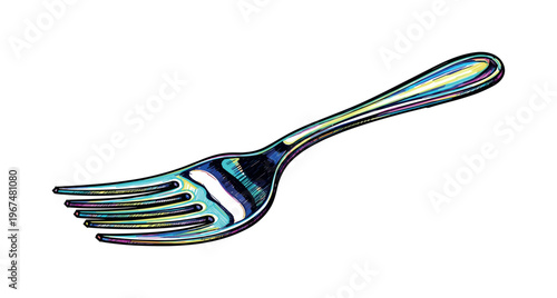 Artistic illustration of a four-tined fork with vibrant, abstract color reflections