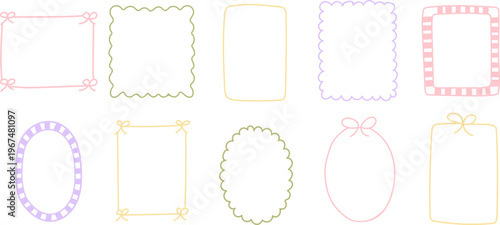 Set of pastel hand drawn frames and borders with bows and scalloped edges. Cute decorative shapes isolated on transparent background for invitations, cards, social media and design templates