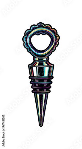 Decorative wine bottle stopper with a colorful, iridescent finish and ornate top