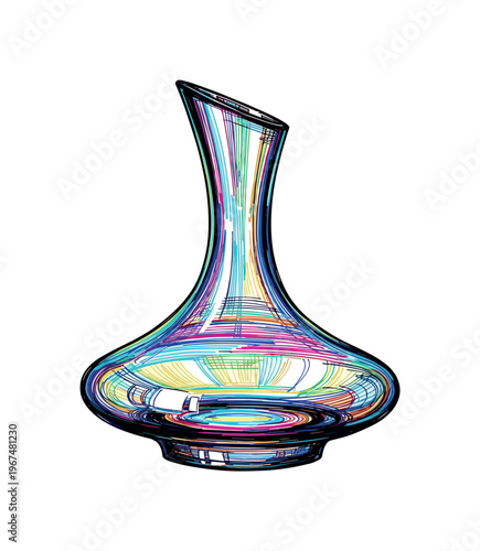 Artistic glass wine decanter with vibrant colorful lines on white background