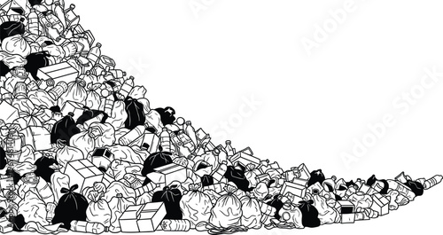 Garbage pile illustration, waste pollution concept with trash bags and plastic bottles, 