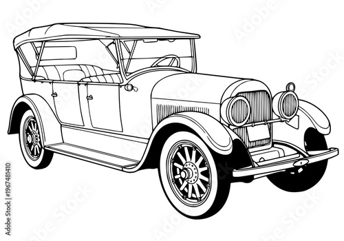 Vintage generic 1920s open touring car vector line art illustration