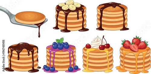 Vector Set of Pancakes with Various Toppings like Chocolate, Maple Syrup, Berries, Bananas, Whipped Cream, and Fruit for Breakfast, Dessert, and Food Designs