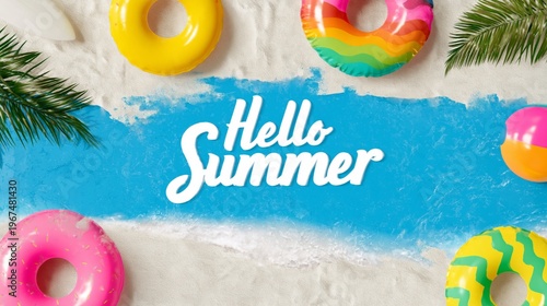 Bright Beach Scene With Summer Decorations and Palm Trees Under Clear Sky