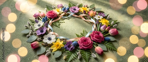 Spring Floral Wreath with Roses and Daffodils on Green Fabric Background