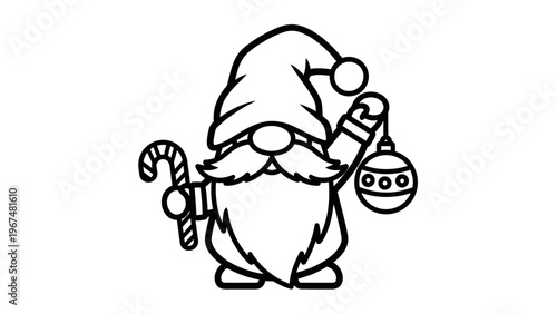 Black and white christmas gnome holding ornaments and candy cane isolated