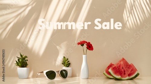 Summer Sale at a Shop With Sunglasses, Flowers, and Watermelon on a Table