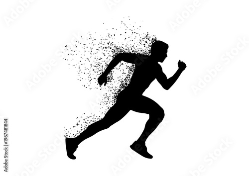 Silhouette of a running man with spray paint or particle explosion effect. Concept of speed, energy, and motion blur. Vector illustration isolated on white background.
