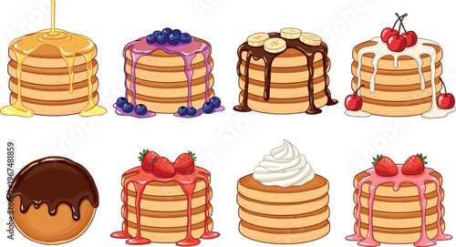Vector Set of Pancakes with Various Toppings like Honey, Berries, Chocolate, Whipped Cream, and Fruit for Breakfast, Dessert, and Food Designs