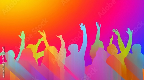 Crowd Celebrates With Hands Raised Under Bright Colors at a Music Event
