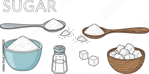 Vector Set of Sugar Bowls, Spoons, Cubes, and Shakers for Kitchen, Baking, and Food Ingredient Designs