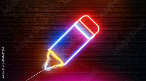 Neon Light Display of a House Design on a Wall at Night in a Dark Room