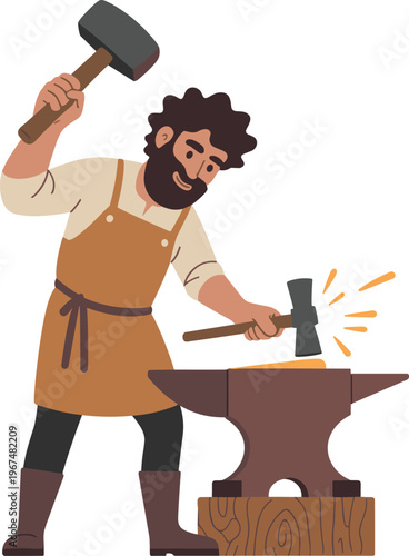 Cartoon blacksmith forging metal in colorful vector illustration of hammer, anvil, sparks, and traditional craftsmanship design