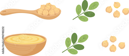Cartoon chickpeas and hummus in colorful vector illustration of ingredients, healthy food, and Mediterranean cuisine design