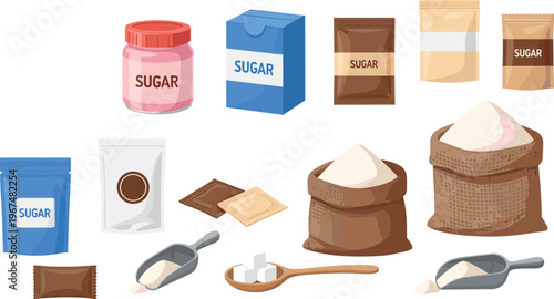 Vector Set of Sugar Packaging, Bags, Scoops, and Cubes for Kitchen, Baking, and Food Ingredients Designs