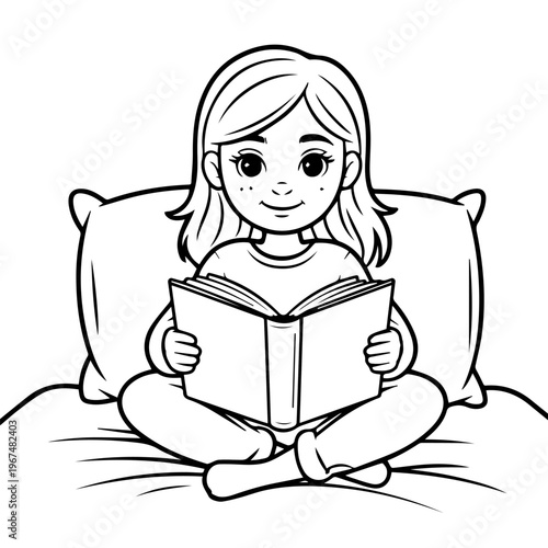 A cute little girl sitting on a bed and reading a book coloring page for children