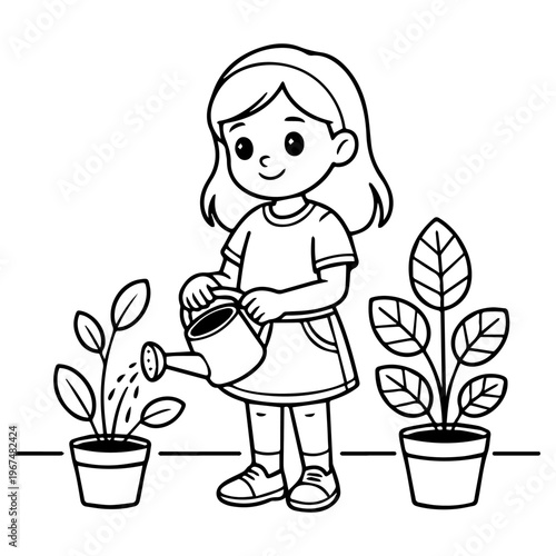 Coloring page illustration of a young girl caring for her plants with a watering can in a garden