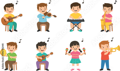 Cartoon children playing musical instruments in colorful vector illustration of music, fun, performance, and joyful design