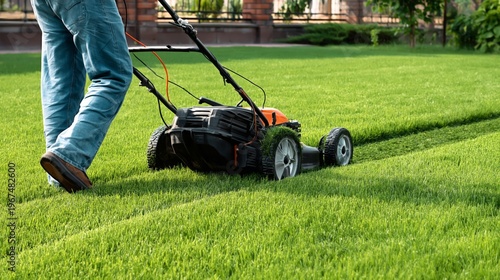 Lawn Care Activity With Electric Mower on a Sunny Day in a Suburban Yard