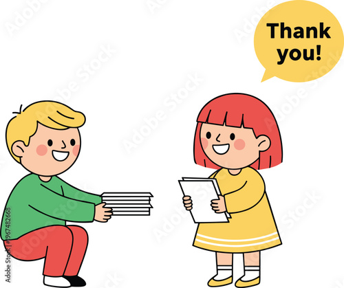 Cartoon children sharing books in colorful vector illustration of kindness, gratitude, cooperation, and friendly interaction design