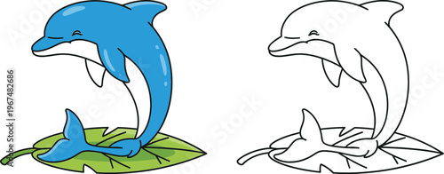 Cartoon Dolphin Resting on a Large Green Leaf Illustration Color and Black and White Line Art Version for Kids Coloring Page Activities and Educational Materials