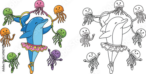 Adorable Ballerina Dolphin with Jellyfish Friends Whimsical Underwater Dance