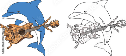 Cool Cartoon Dolphin Playing Guitar Musical Marine Animal