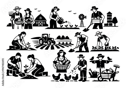Silhouettes of farmers and gardeners engaged in various tasks, including planting, watering, harvesting, and livestock care