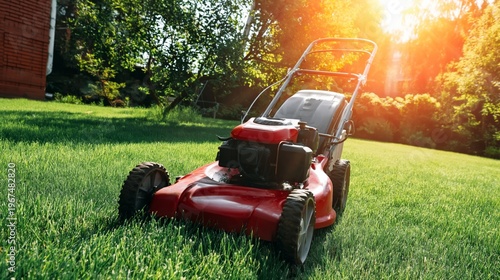 Man Mows Grass in Sunny Park During Late Afternoon in Summer