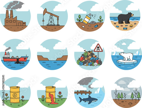 Cartoon environmental issues in colorful vector illustration of pollution, climate change, waste, and ecological awareness design