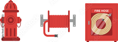 Cartoon fire safety equipment in colorful vector illustration of hydrant, hose reel, cabinet, and emergency design