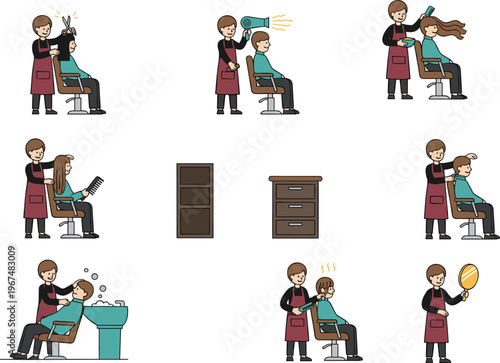 Cartoon hairstylist and client in colorful vector illustration of haircut, blow dry, straightening, and salon activities
