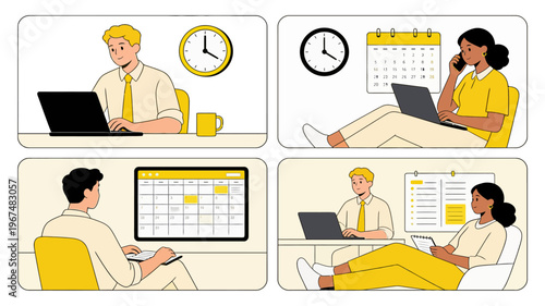 Time Management and Productivity Vector Illustration Set, Business Characters Working with Laptop, Calendar, and Clock for Office and Remote Work