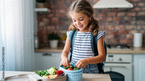 Girl Prepares Healthy Snacks in Kitchen Before School With Backpack and Fresh...