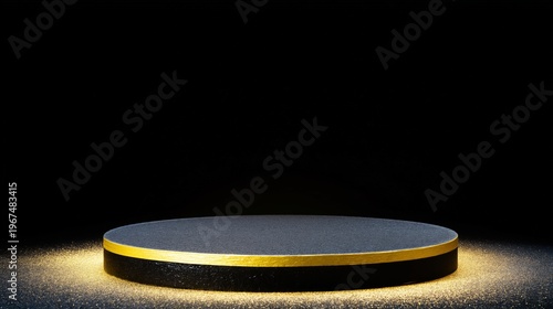 Round Display Platform With a Black Surface and Gold Trim for Showcasing Prod...