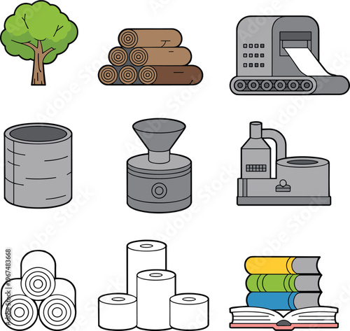 Cartoon paper production process in colorful vector illustration of tree, pulp, machine, rolls, toilet paper, and books