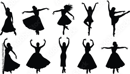 Beautiful ballerina silhouettes performing graceful ballet dance poses elegant women dancing in long skirts artistic vector illustrations for theatre performance and classical arts