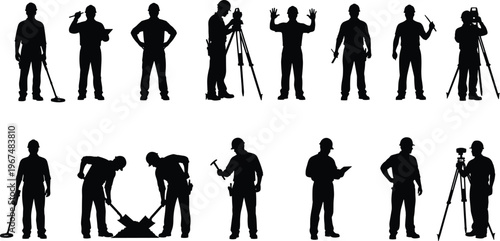 Construction worker and engineer black silhouettes set featuring builders land surveyors with tripod and miners digging with shovels isolated on white background for industry