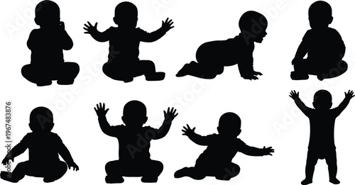 Cute baby black silhouettes set featuring infants in various developmental stages like crawling sitting and standing with raised hands isolated on white background