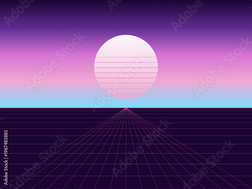 80s Retrowave Sun Horizon Perspective Grid Poster Art