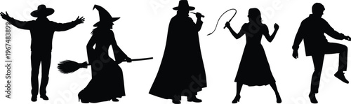 Diverse collection of character black silhouettes including Halloween witch with broom vampire in cloak woman with whip and dancing man isolated on white background