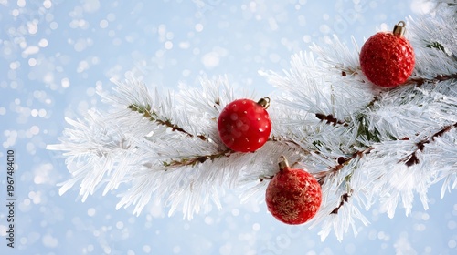 Christmas Ornaments Hang on a Snowy Branch Against a Light Background During the Holiday Season