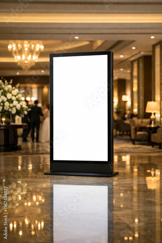 Blank digital wedding welcome screen mockup in luxury hotel lobby