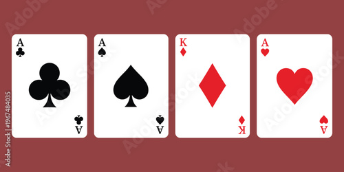 Four playing cards on red background ace of clubs and spades king of diamonds and ace of hearts ace of spades