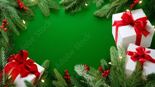 Christmas Gifts Surrounded by Green Pine Branches and Decorations on a Festiv...