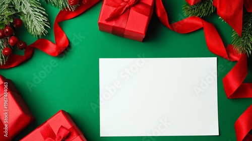 Christmas Gifts Surrounded by Green Pine Branches and Decorations on a Festiv...