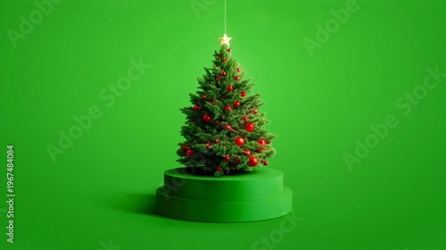 Green Christmas Tree With Decorations on a Round Platform in a Studio Setting