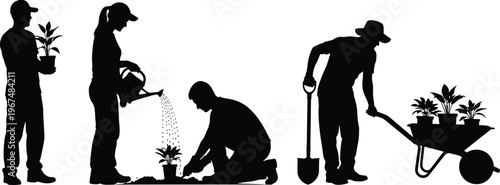 Professional gardeners and farmers black silhouettes set featuring people planting watering flowers and pushing wheelbarrow with plants isolated on white background for gardening