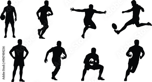 Professional rugby players black silhouettes set featuring athletes running kicking and catching ball in various action poses isolated on white background for sports design