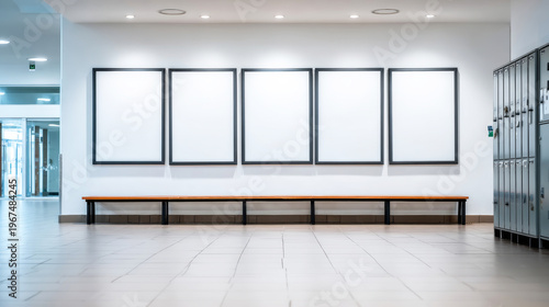 Empty school hallway featuring five blank poster frames on a wall above a long wooden bench and metal lockers